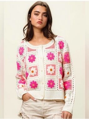 BiBi Floral Crochet Patchwork Cardigan Boho Granny Square Cottagecore Sweater M